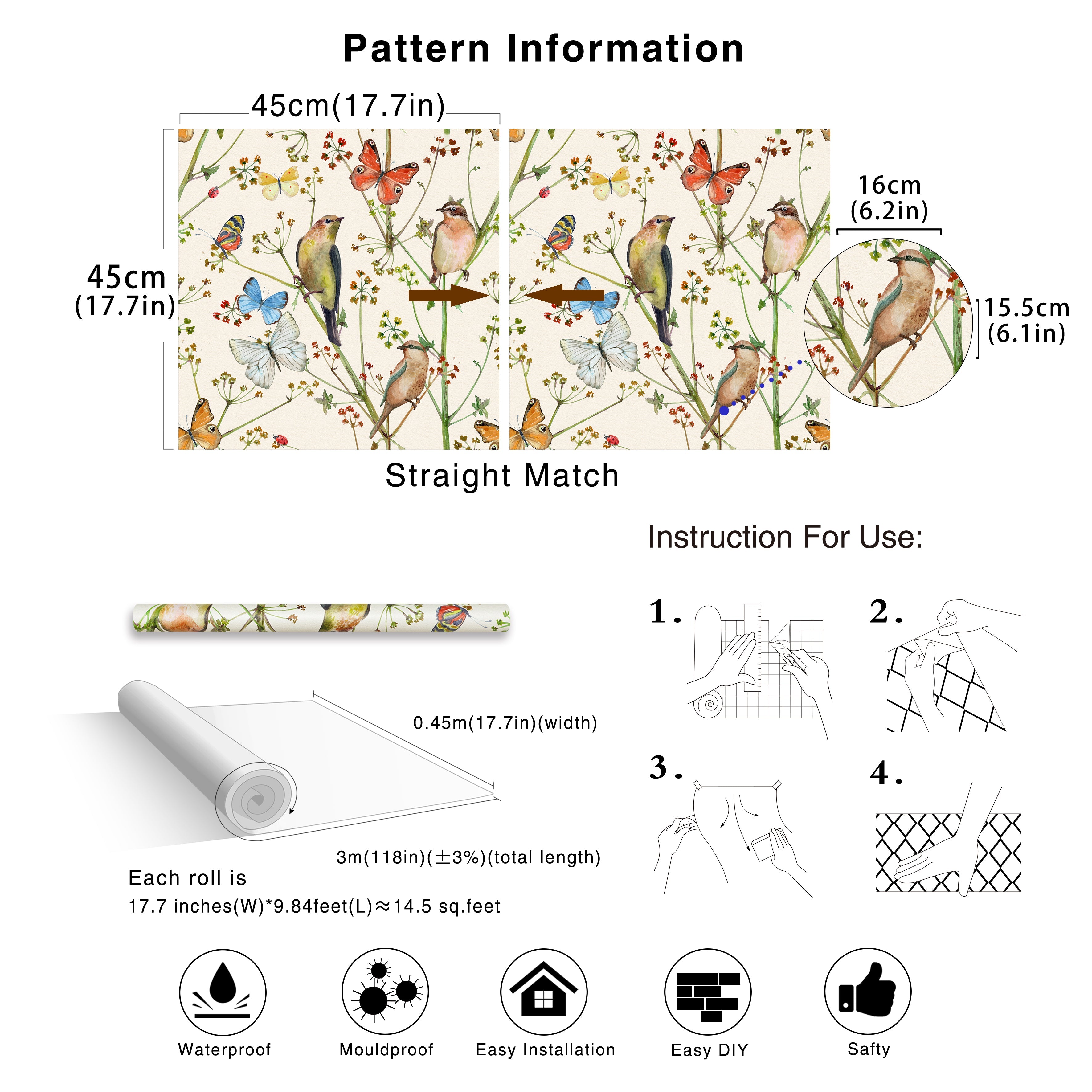 HaokHome 93155 Vintage Peel and Stick Wallpaper Birds Butterfies Floral Beige Stick on Home Decor