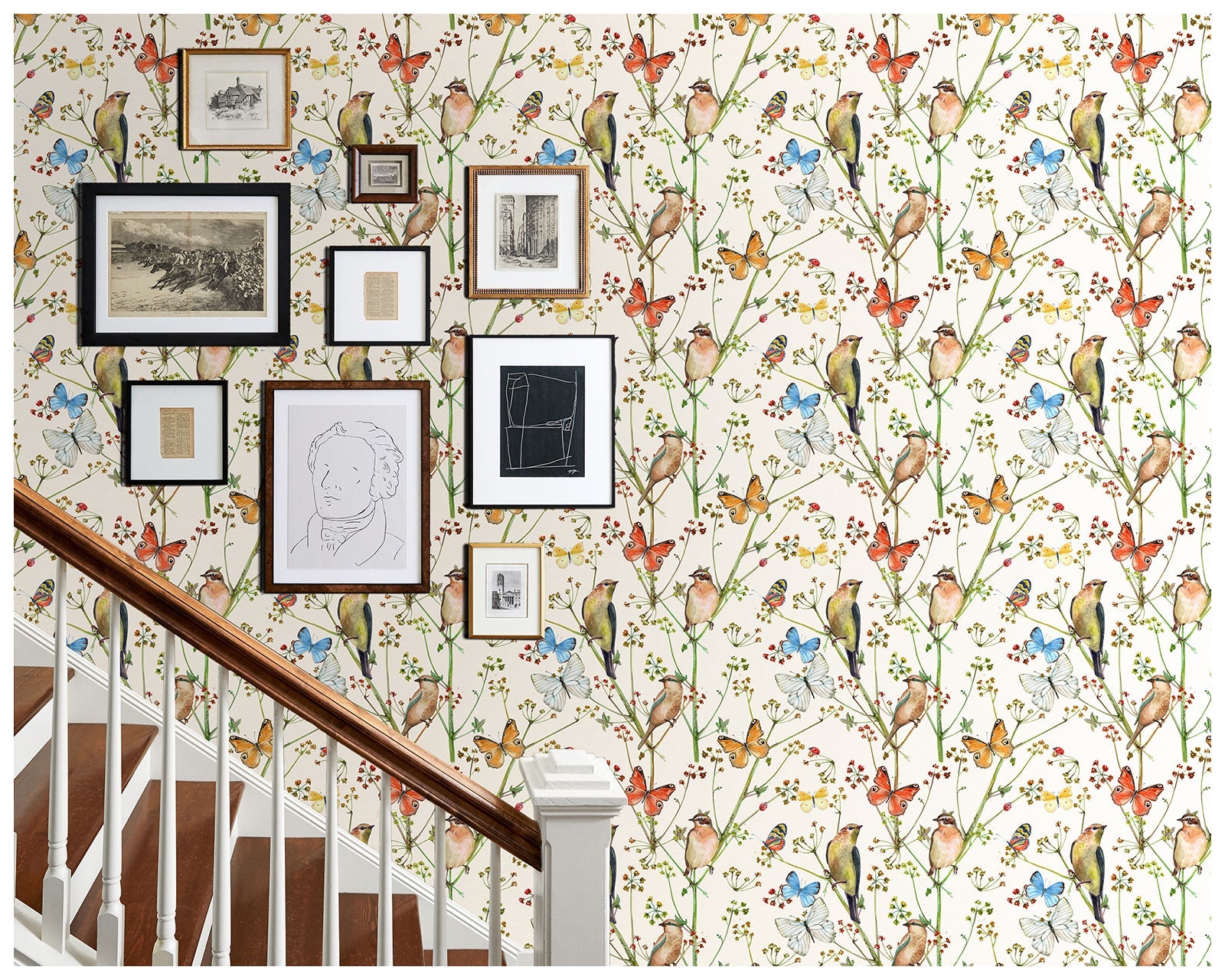 HaokHome 93155 Vintage Peel and Stick Wallpaper Birds Butterfies Floral Beige Stick on Home Decor