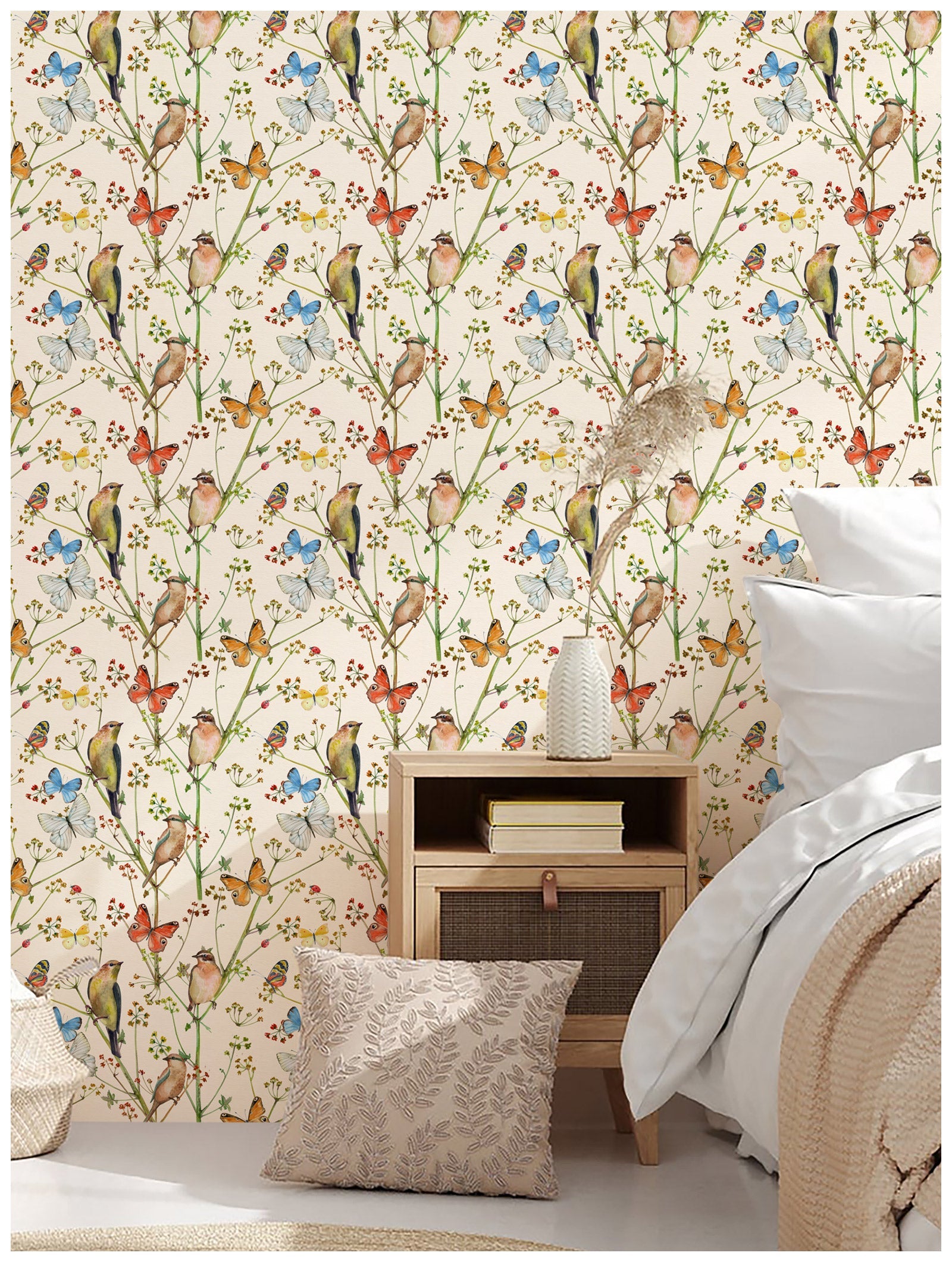 HaokHome 93155 Vintage Peel and Stick Wallpaper Birds Butterfies Floral Beige Stick on Home Decor