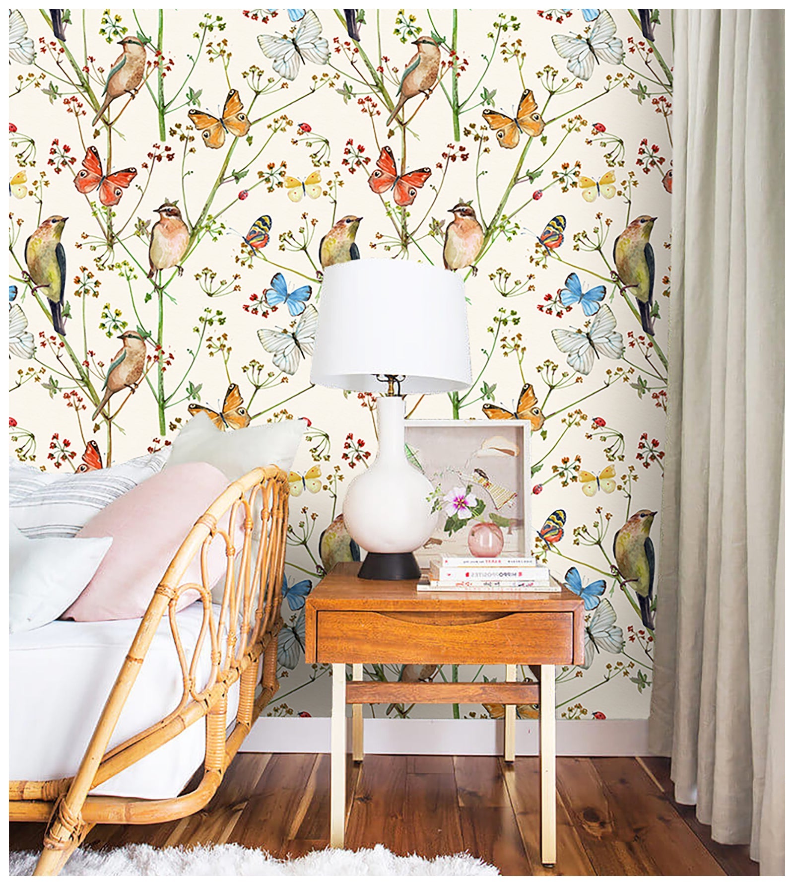 HaokHome 93155 Vintage Peel and Stick Wallpaper Birds Butterfies Floral Beige Stick on Home Decor