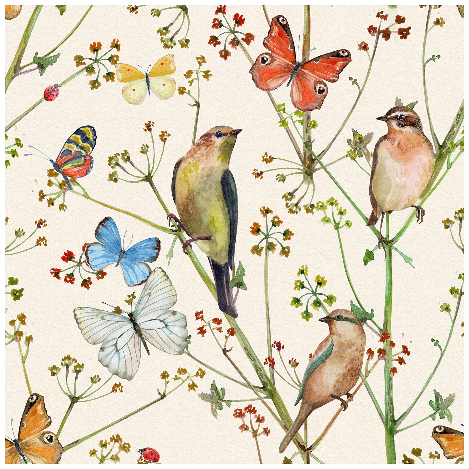 HaokHome 93155 Vintage Peel and Stick Wallpaper Birds Butterfies Floral Beige Stick on Home Decor