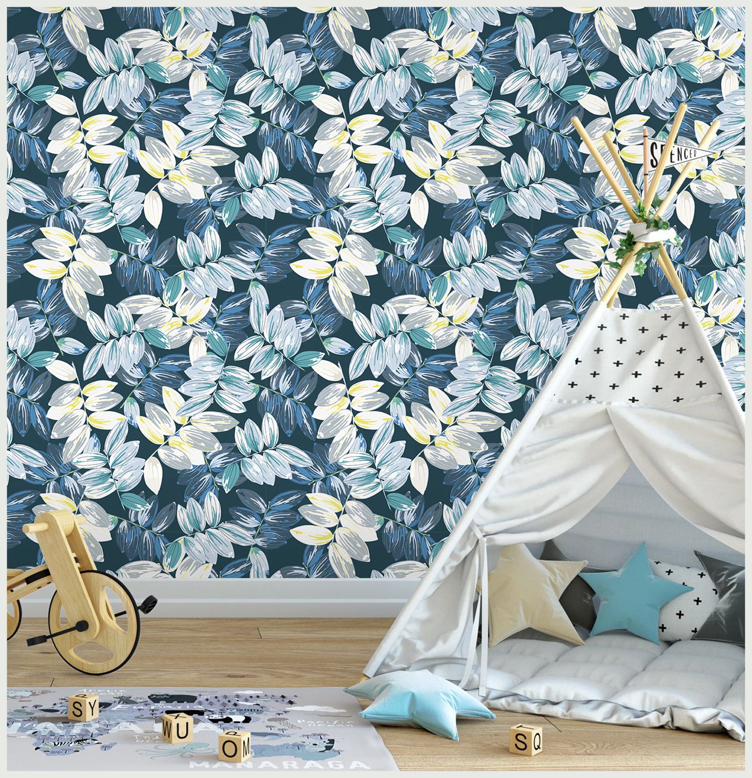 HaokHome 93045 Wallpaper Peel and Stick Blue Leaf Contact Paper Watercolor Branch Leaves Self Adhesive Textured Wall Paper