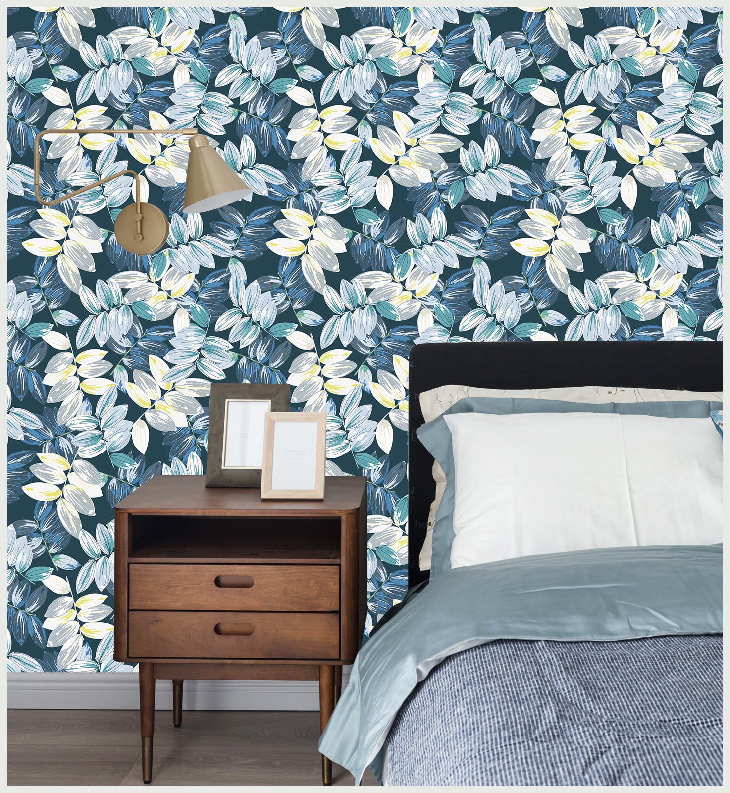 HaokHome 93045 Wallpaper Peel and Stick Blue Leaf Contact Paper Watercolor Branch Leaves Self Adhesive Textured Wall Paper