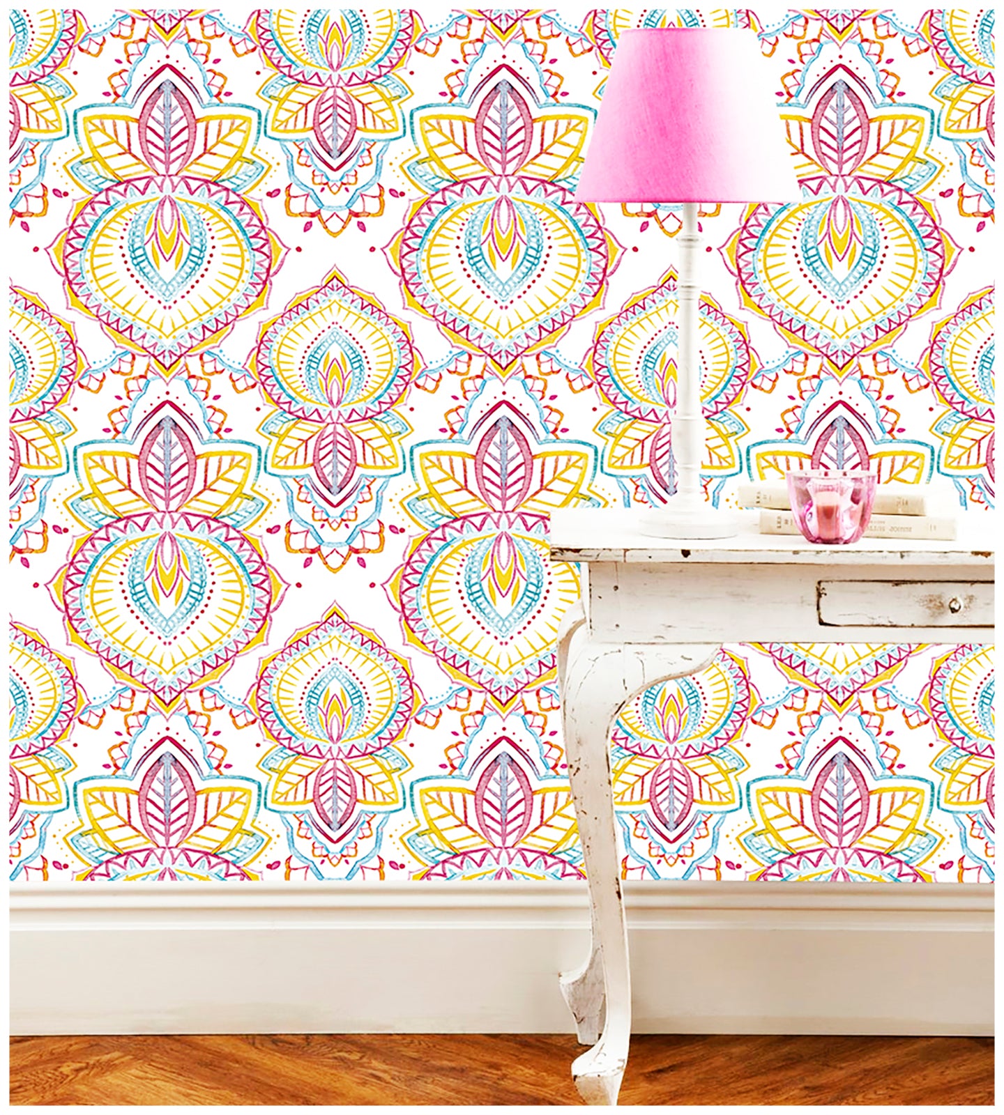 HaokHome 94020 Watercolor Abstract Wallpaper Paisley Damask Wallpaper Peel and Stick for Kids Rooms Decor Pink Yellow