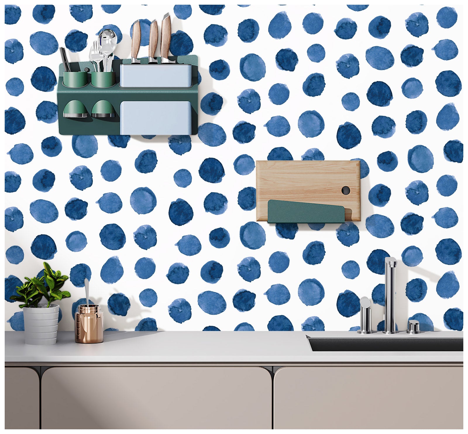 HAOKHOME 96099-1 Watercolor Brush Strokes Dots Peel and Stick Wallpaper Removable Indigo Blue/White Vinyl Self Adhesive Mural