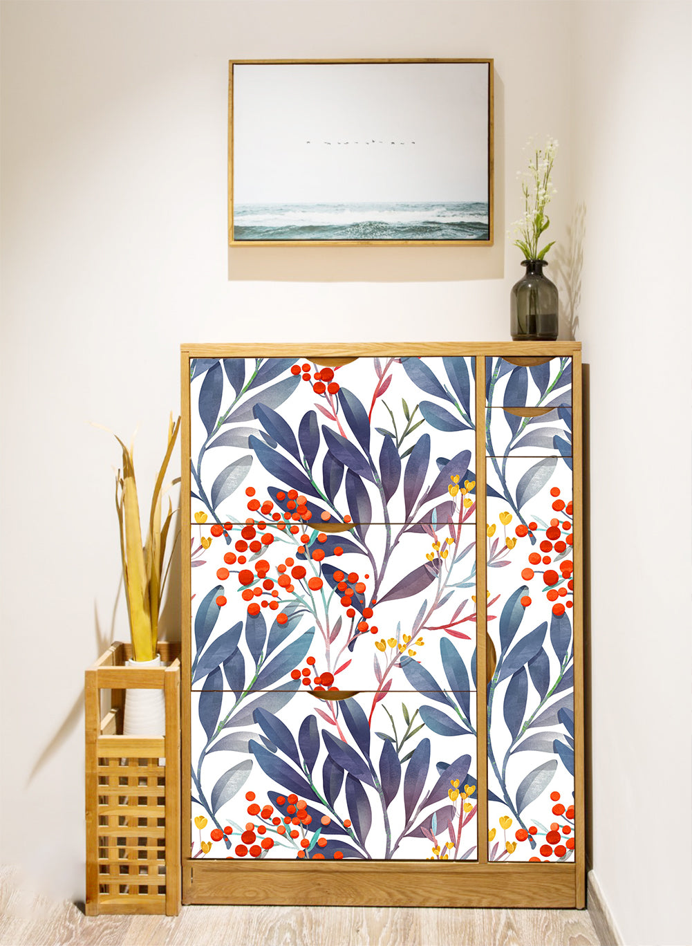 HaokHome 93031 Watercolor Floral Peel and Stick Wallpaper Blue Red Leaf Vinyl Self Adhesive Shelf Liner Contact Paper