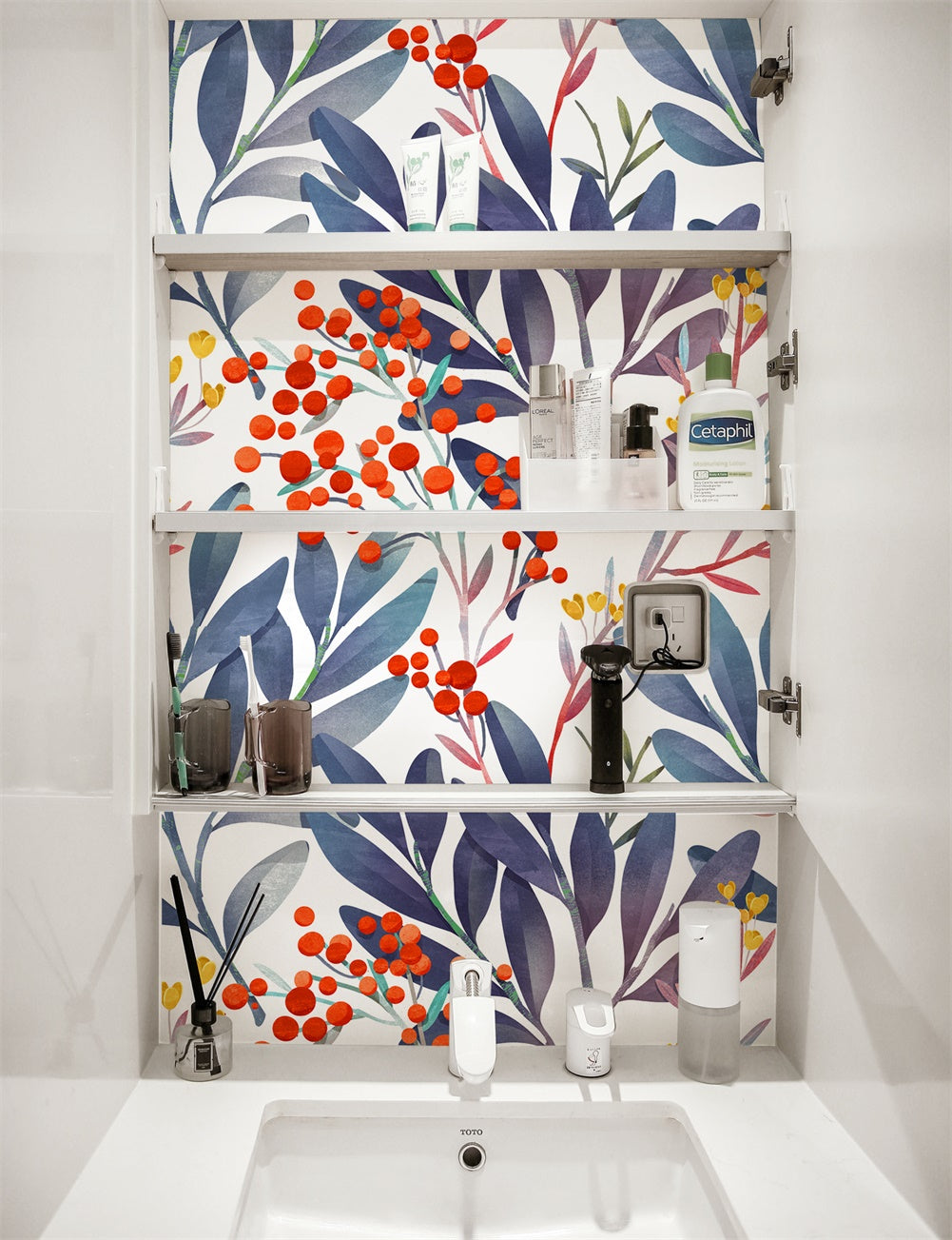 HaokHome 93031 Watercolor Floral Peel and Stick Wallpaper Blue Red Leaf Vinyl Self Adhesive Shelf Liner Contact Paper