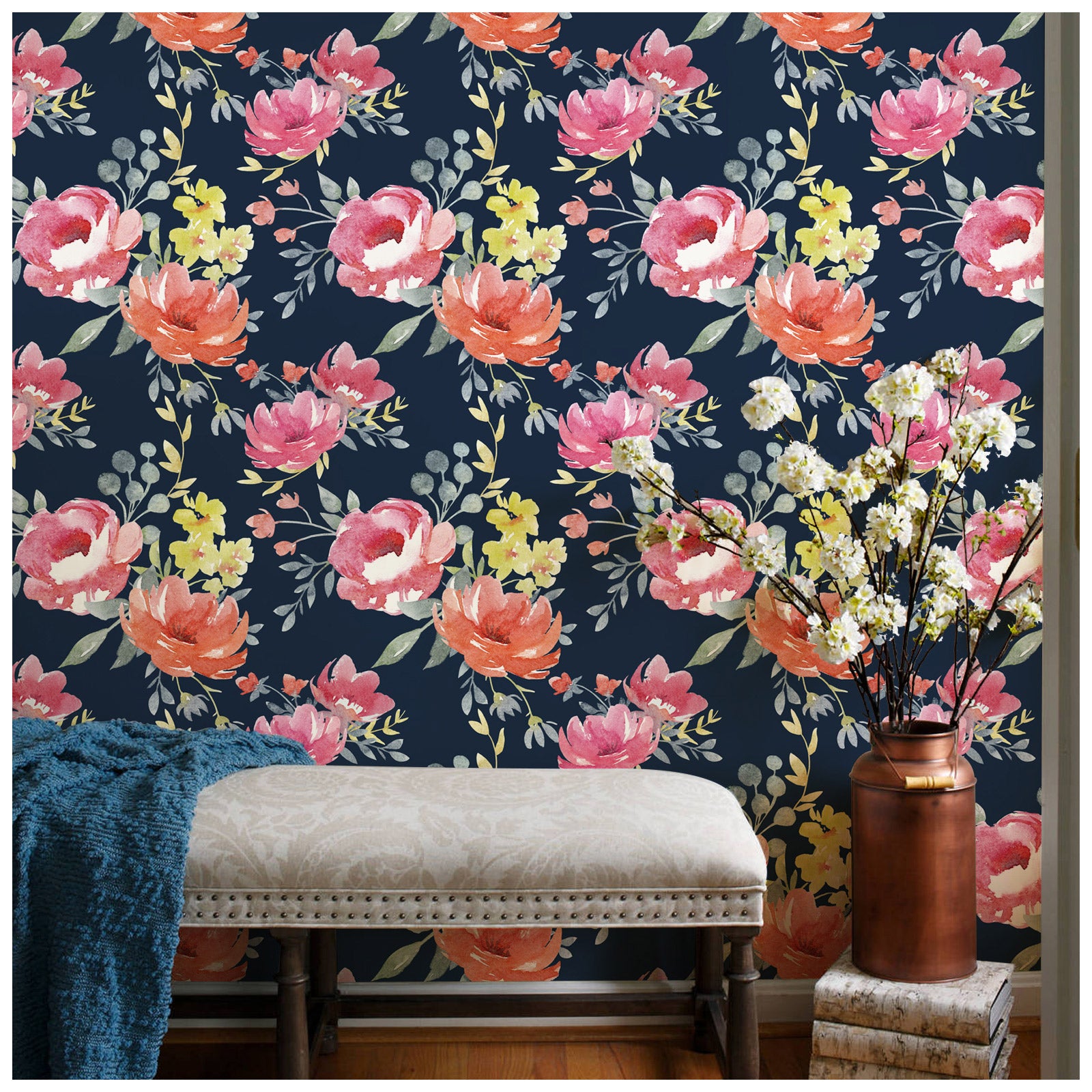 HaokHome 93115 Watercolor Floral Wallpaper Peony Wallpaper Pink Orange Flower Wall Paper for Wall Decoration