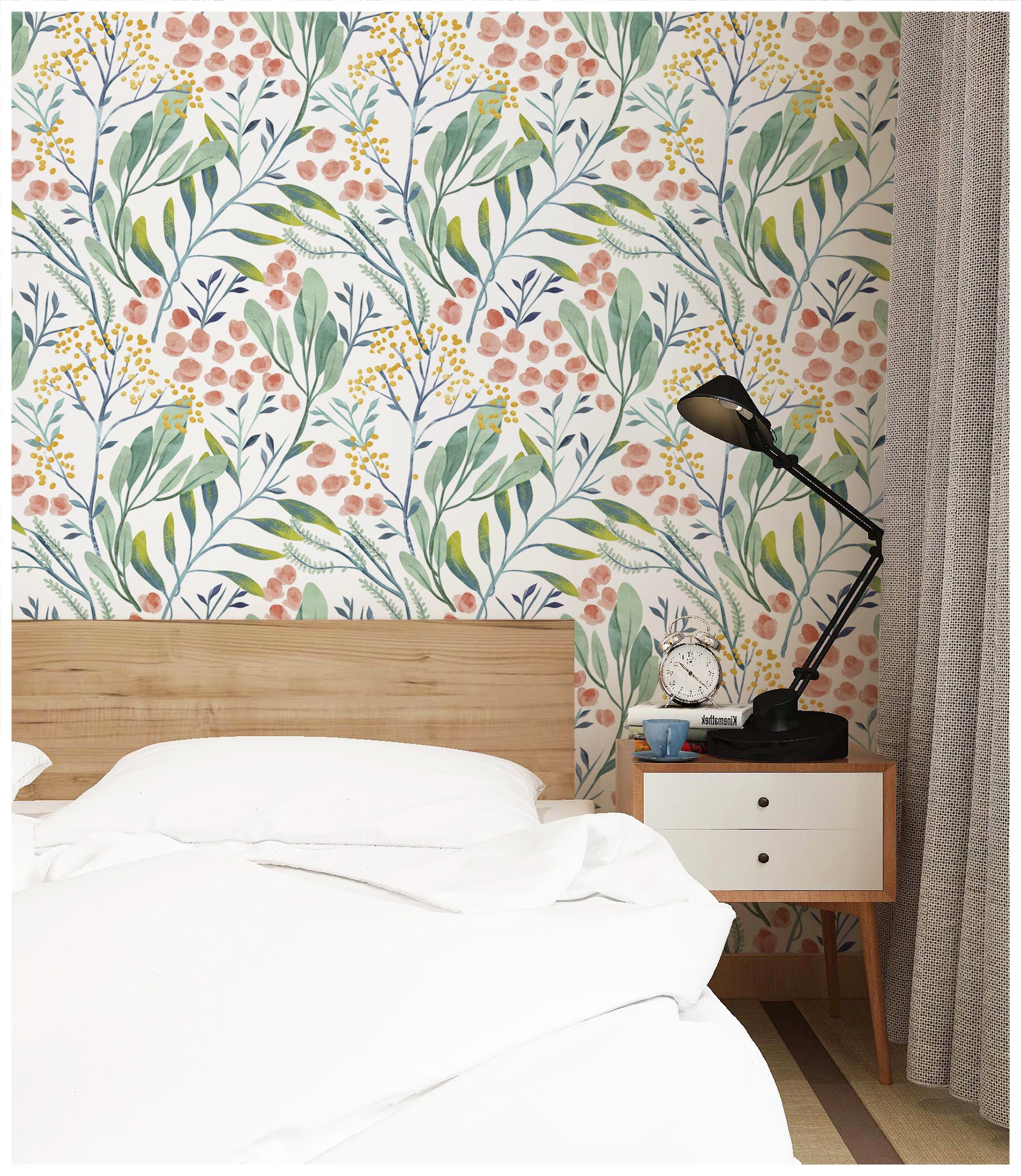 HAOKHOME 93029 Watercolor Forest Floral Peel and Stick Wallpaper Removable White/Green/Pink Vinyl Self Adhesive Shelf Liner