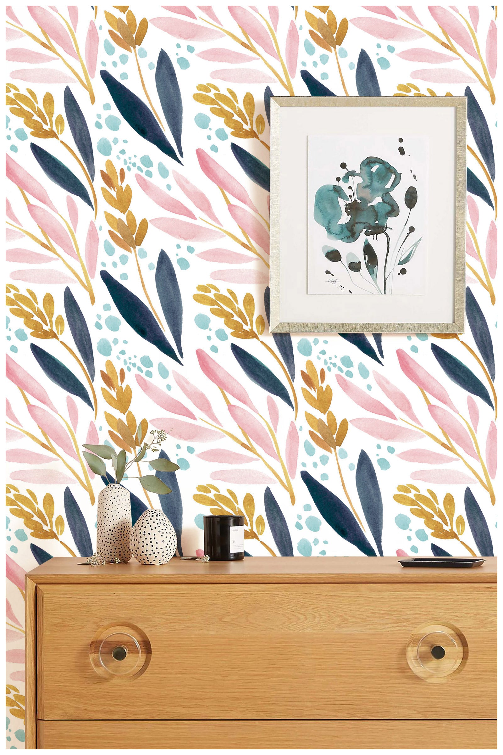 HAOKHOME 93027 Watercolor Forest Peel and Stick Wallpaper Removable White/Pink/Navy/Yellow Floral Vinyl Self Adhesive Shelf Liner