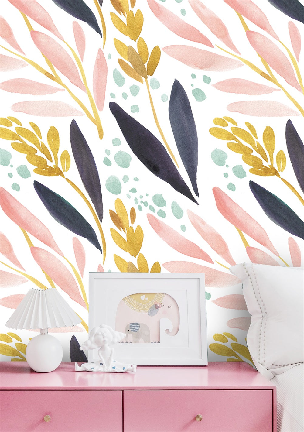 HAOKHOME 93027 Watercolor Forest Peel and Stick Wallpaper Removable White/Pink/Navy/Yellow Floral Vinyl Self Adhesive Shelf Liner