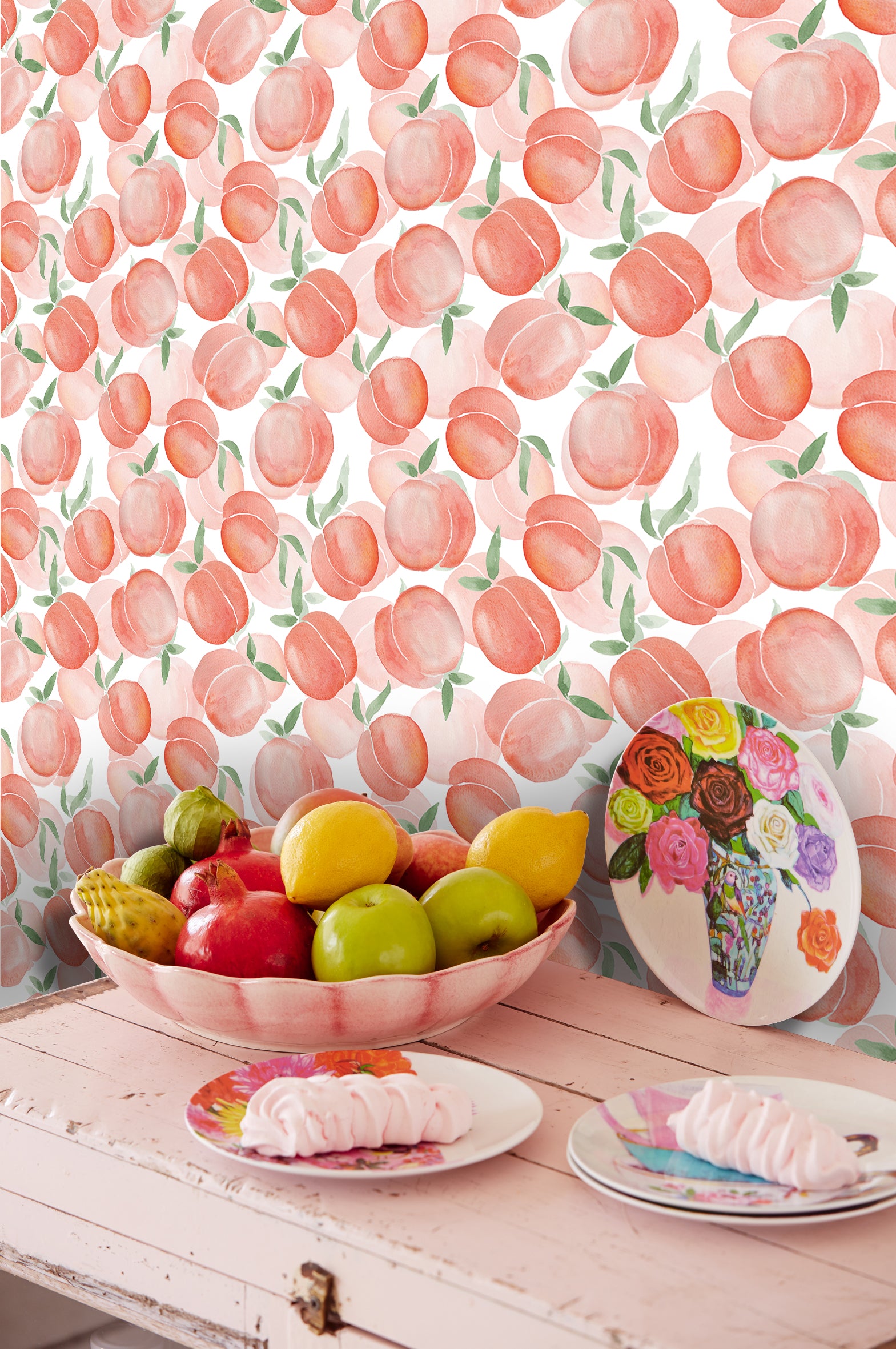 HaokHome 93084 Watercolor Peaches Wallpaper Peel and Stick Pink Fruit Self Adhesive Contact Paper for Girls Room Wall Decor