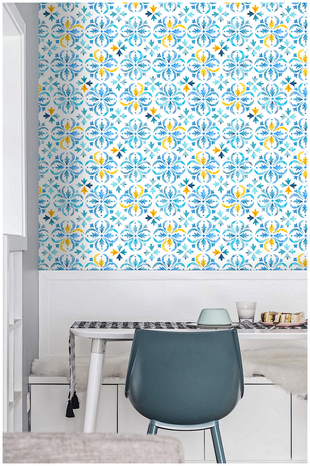 Blue and Yellow Watercolor Geometric Tile Pattern Wallpaper
