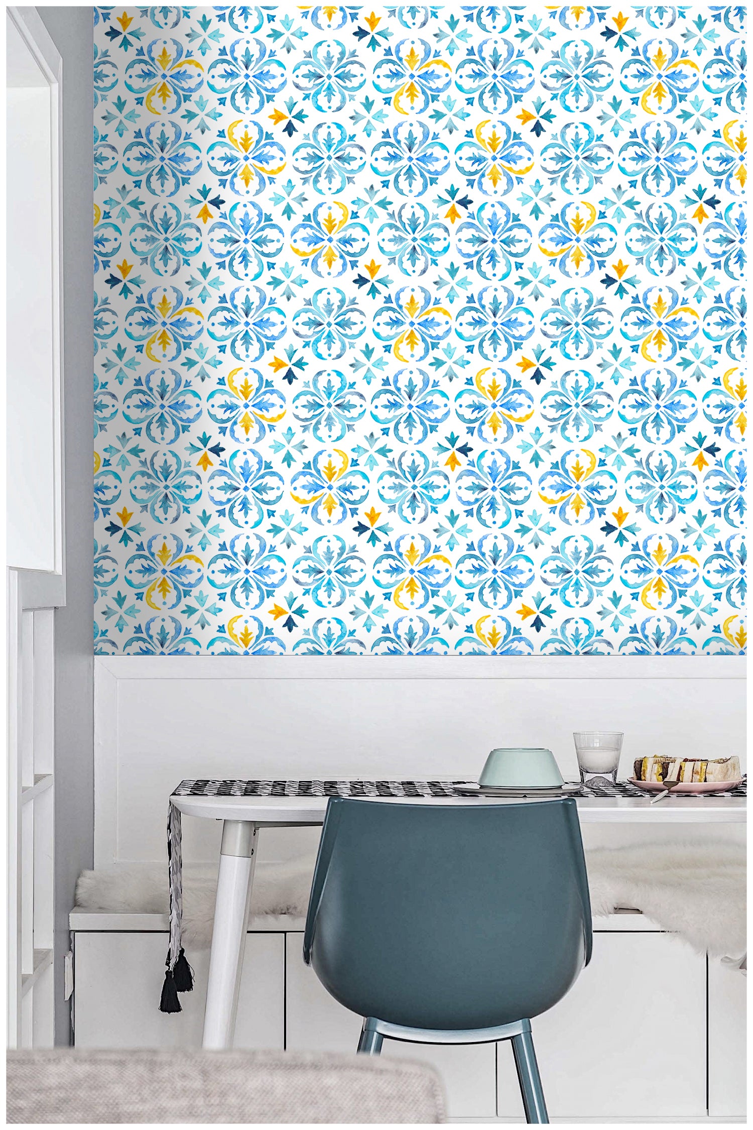 HaokHome 96028 Watercolor Wallpaper Peel and Stick Wallpaper Blue Tiles Wall Paper