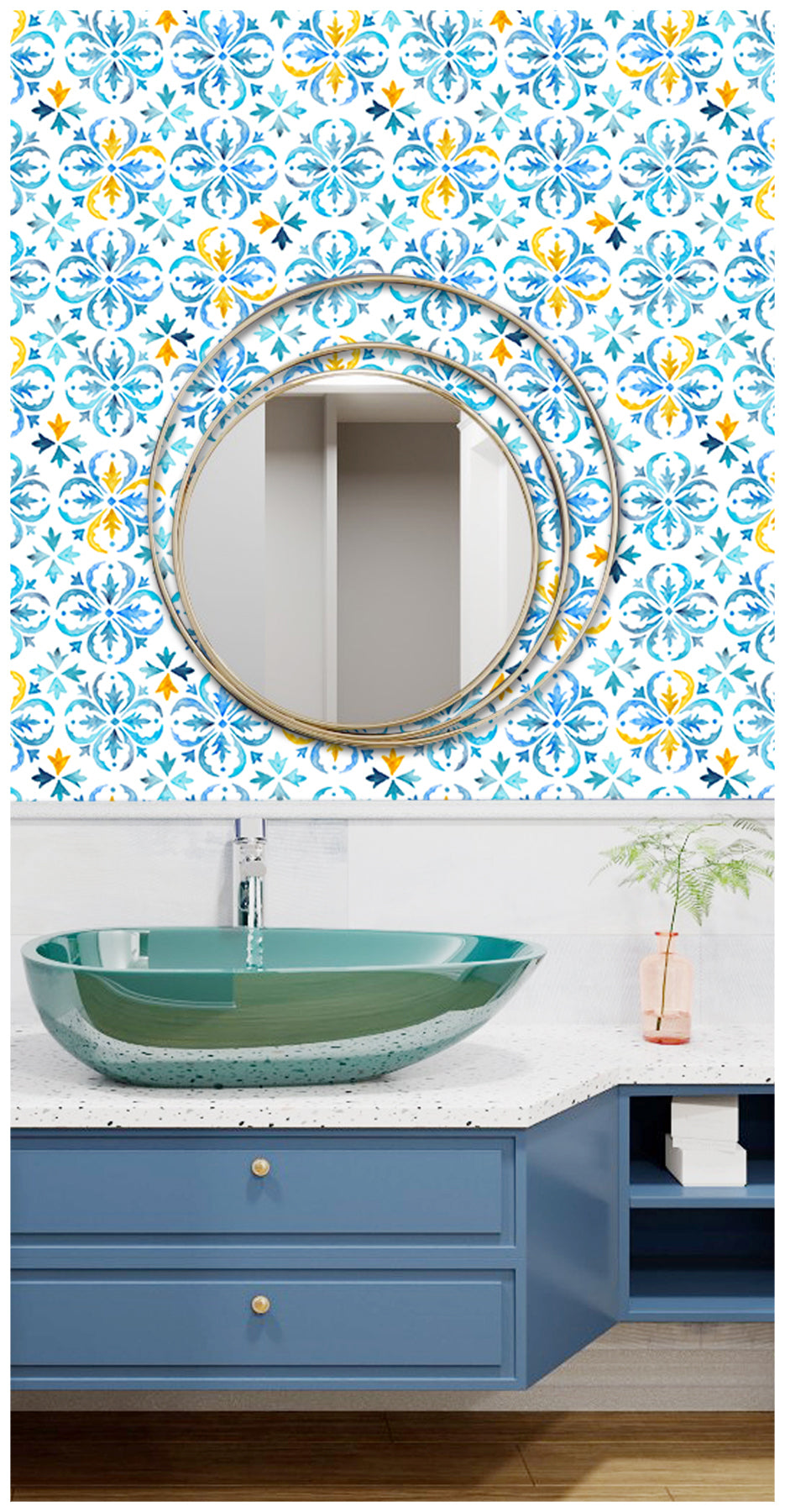 HaokHome 96028 Watercolor Wallpaper Peel and Stick Wallpaper Blue Tiles Wall Paper