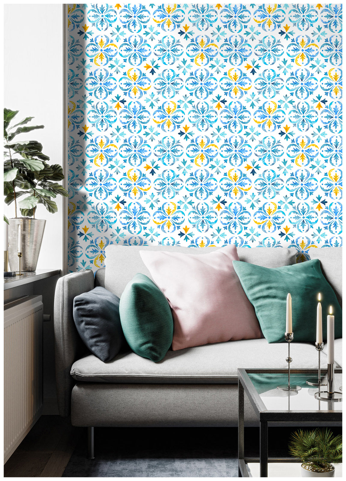 HaokHome 96028 Watercolor Wallpaper Peel and Stick Wallpaper Blue Tiles Wall Paper