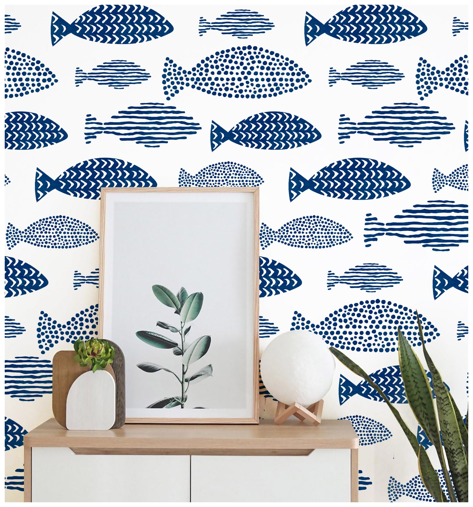 Waterproof Wallpaper Peel and Stick Abstract Geometry Blue Fish Trellis Indigo Removable Contact Paper for Bathroom Kids Room Wall Decoration