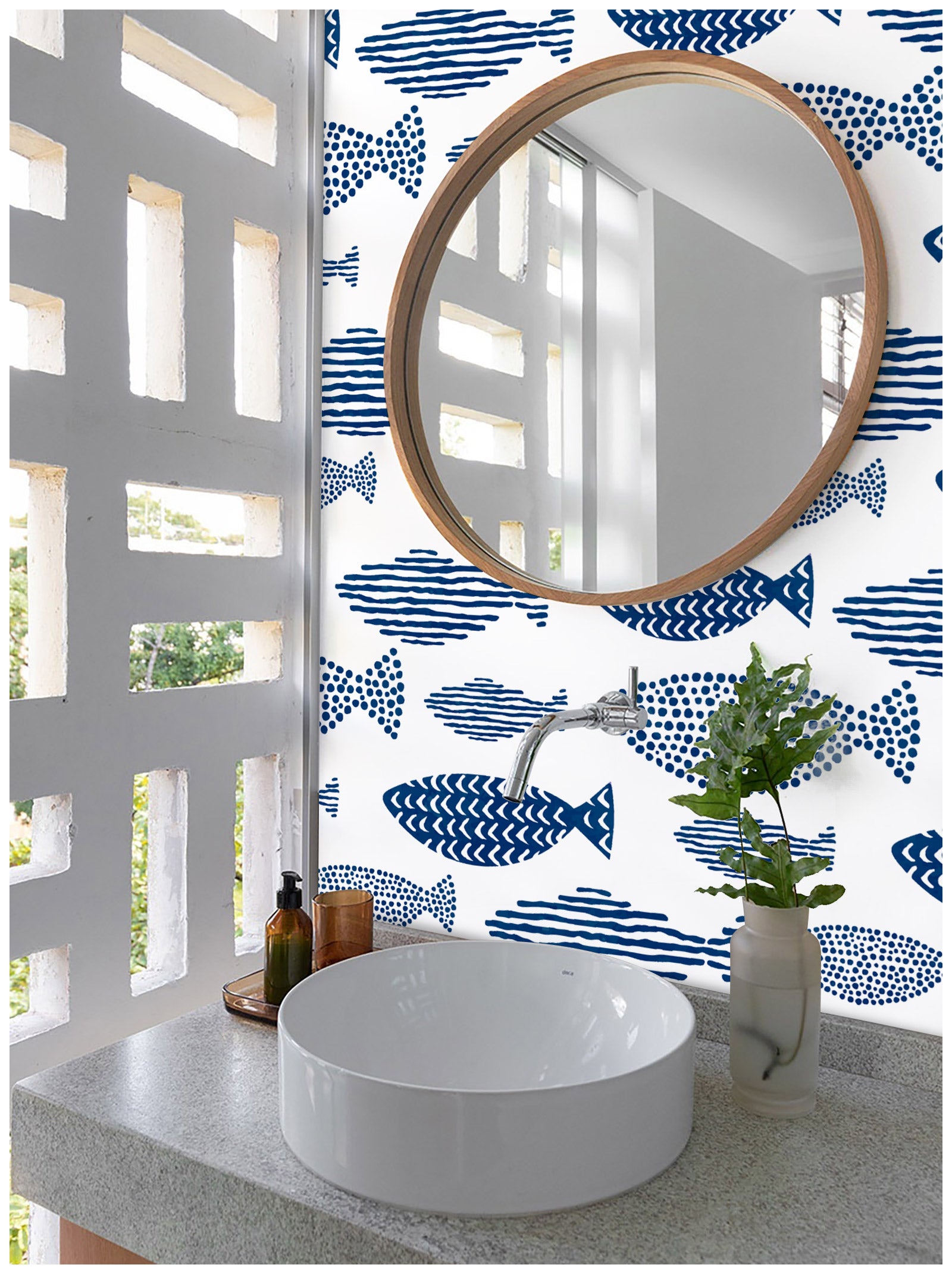 Waterproof Wallpaper Peel and Stick Abstract Geometry Blue Fish Trellis Indigo Removable Contact Paper for Bathroom Kids Room Wall Decoration