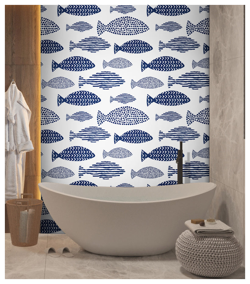 Waterproof Wallpaper Peel and Stick Abstract Geometry Blue Fish Trellis Indigo Removable Contact Paper for Bathroom Kids Room Wall Decoration