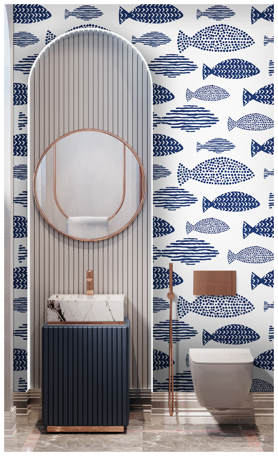 Waterproof Wallpaper Peel and Stick Abstract Geometry Blue Fish Trellis Indigo Removable Contact Paper for Bathroom Kids Room Wall Decoration