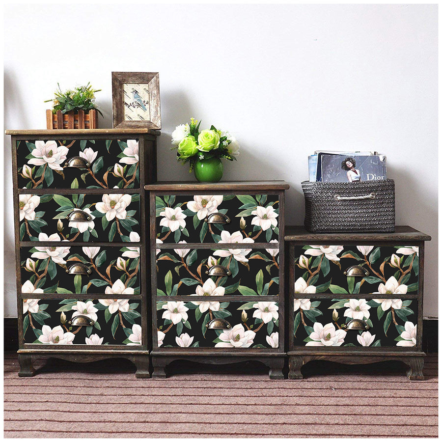 HaokHome 93086 White Flowers Bloom Floral Peel and Stick Wallpaper Black/White/Green Removable Contact Paper