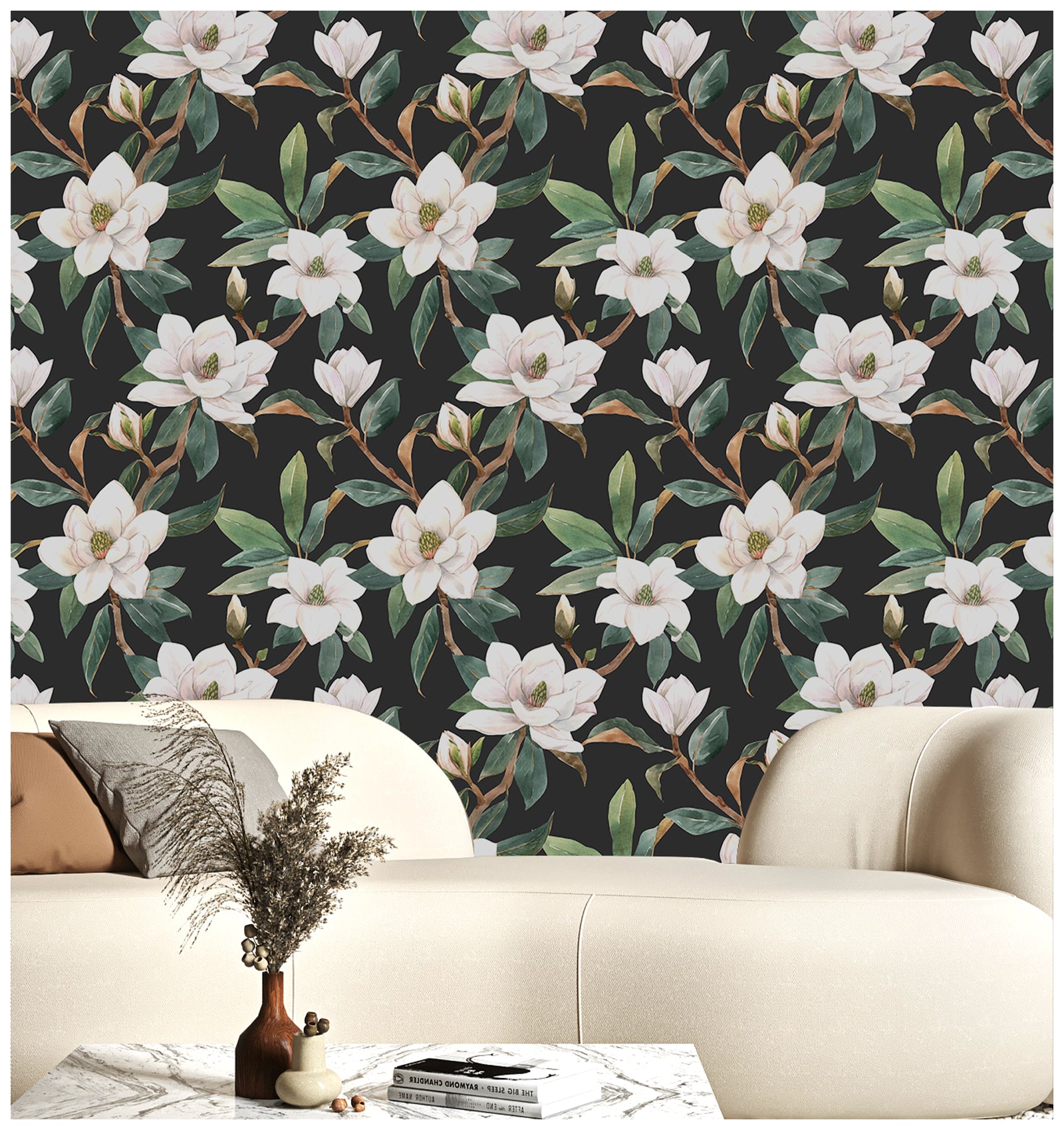 HaokHome 93086 White Flowers Bloom Floral Peel and Stick Wallpaper Black/White/Green Removable Contact Paper