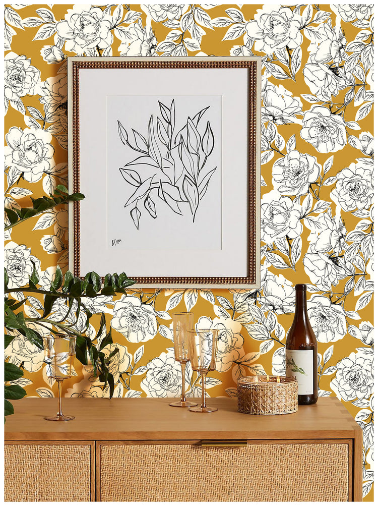 Sketched Floral Wallpaper Peel and Stick Removable Goldenrod Vinyl Self Adhesive Stick on Wall Paper