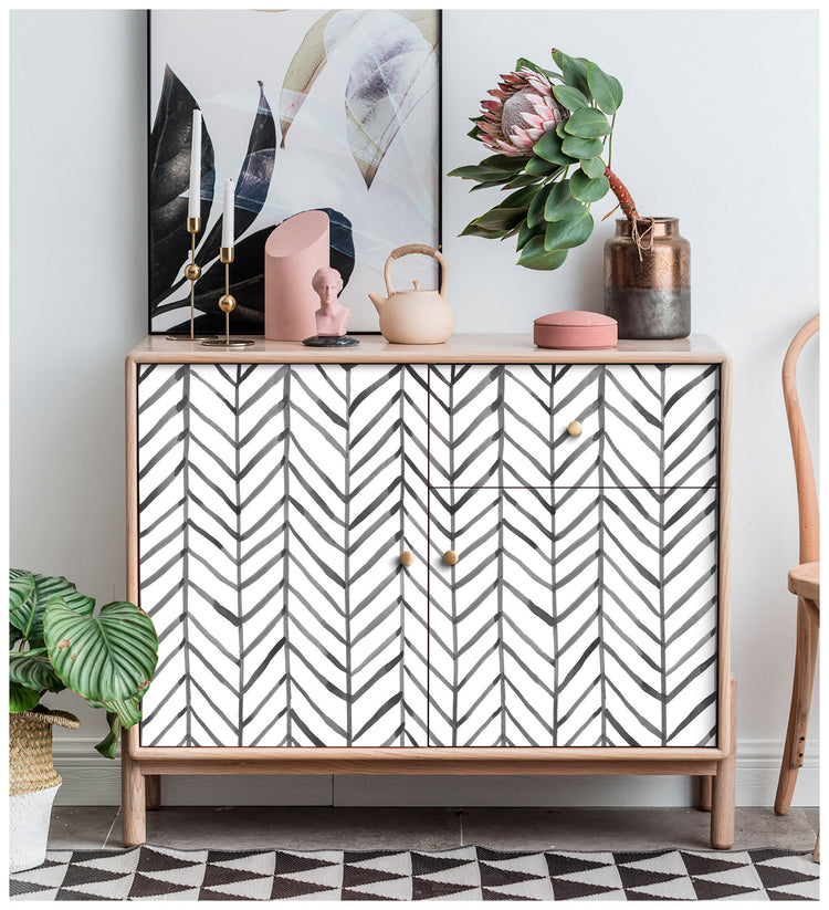 Modern Boho Wallpaper Herringbone Stripe Geometric Contact Paper Black and White for Bookshelf Living Room Bedroom