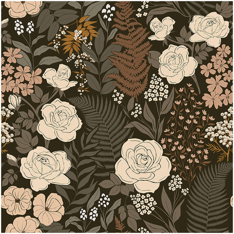 Vintage Floral Peel and Stick Wallpaper Flowers Leaves Rose Black/Brown/Beige Stick on Wallpaper Murals