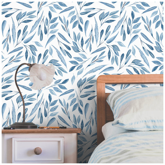 Watercolor Blue Branches with Leaves and White Peel and Stick Wallpaper