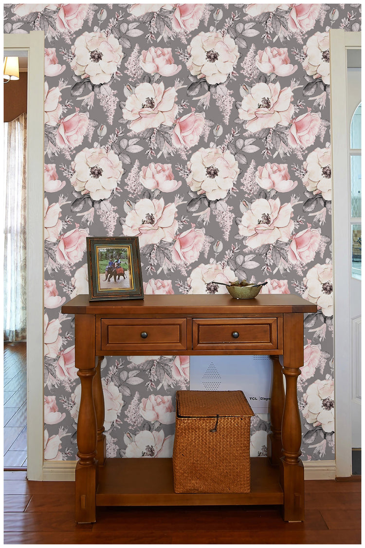 Peony Floral Peel and Stick Wallpaper Removable Grey Pink Flowers Leaf Shelf Liner Contact Paper