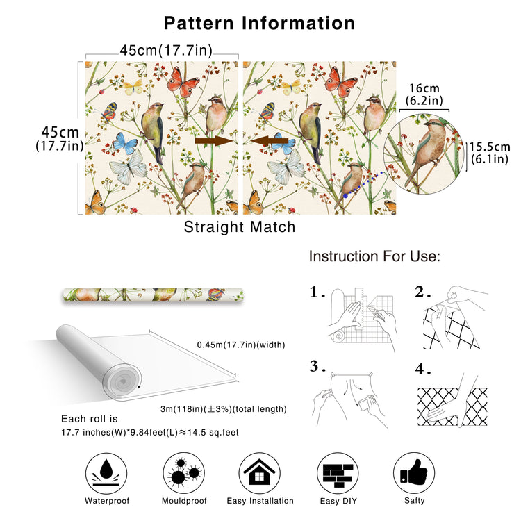 HaokHome 93155 Vintage Peel and Stick Wallpaper Birds Butterfies Floral Beige Stick on Home Decor