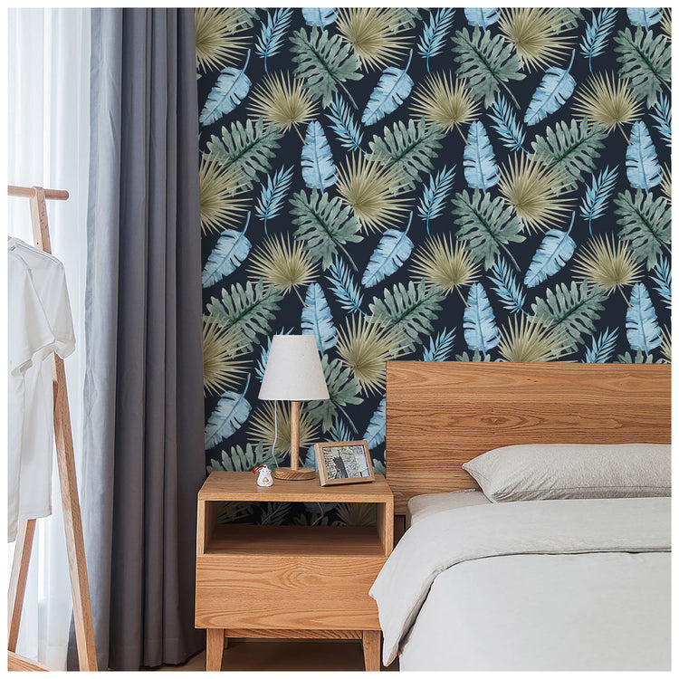 Tropical Palm Branch Peel and Stick Wallpaper Navy Leaves Removable Wallpaper