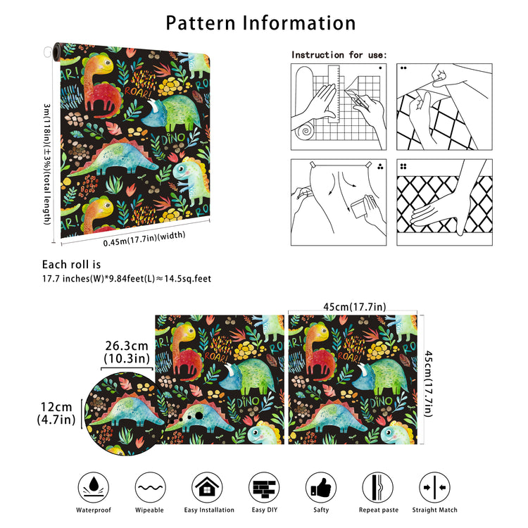 Cartoon Peel and Stick Wallpaper Self Adhesive Dinosaurs Contact Paper