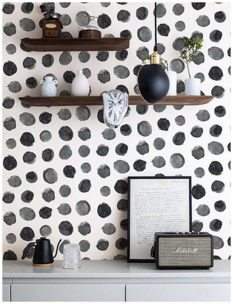 Watercolor Black Dots Peel and Stick Wallpaper Polka Dots Brush Strokes Contact Wall Paper Rolls for Walls