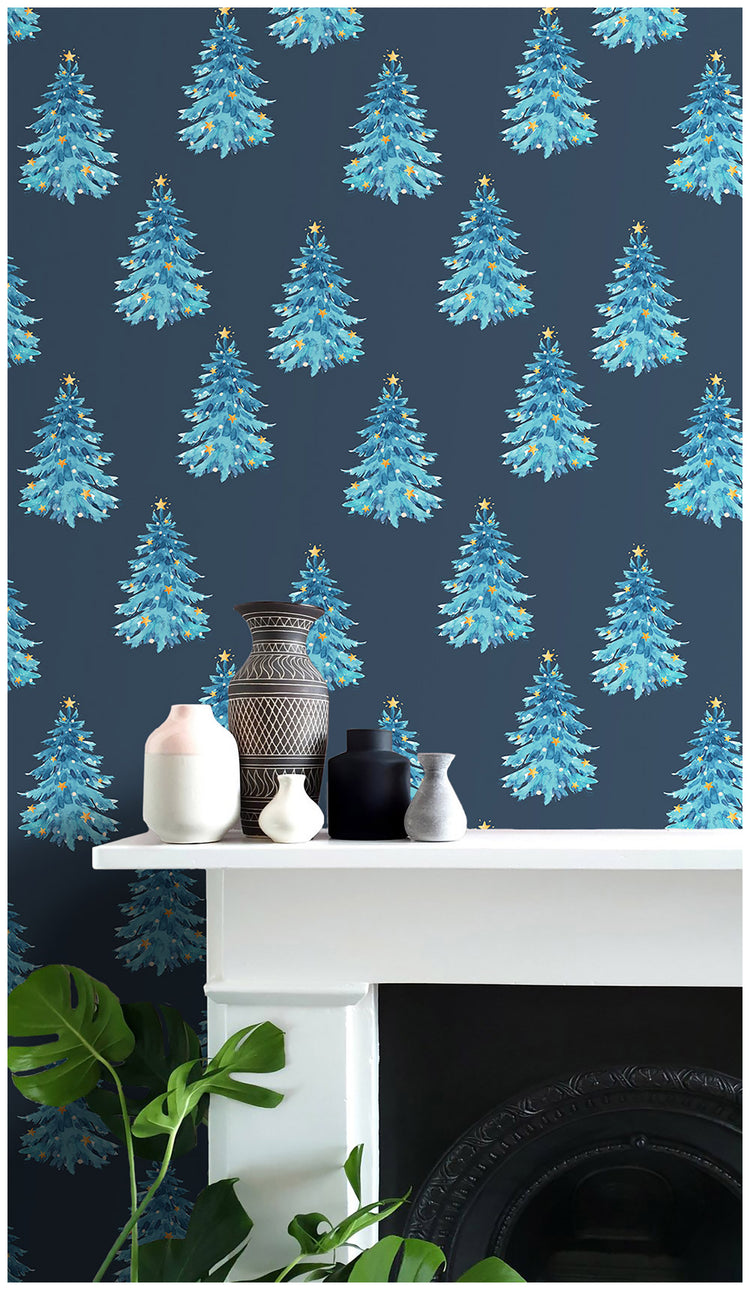 Dreaming Christmas Wallpaper Watercolor Blue Christmas Tree and Stars, Holiday Wall Decorations
