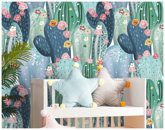 HaokHome 93201 Cute Cactus Succulents with Floral Peel and Stick wallpaper Nursery Baby Room Decor