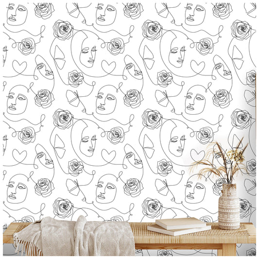 HaokHome 96076 Floral Abstract Hand Drawn Art Face Peel and Stick Wallpaper