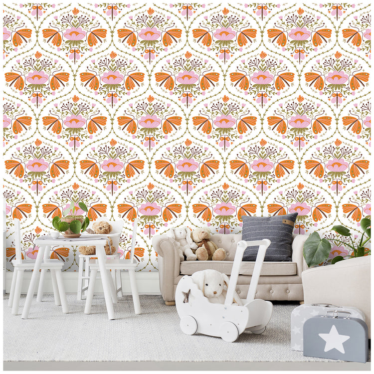 Peel and Stick Wallpaper Damask Flower White Pink Orange Wall Paper for Living Room Bedroom Decor