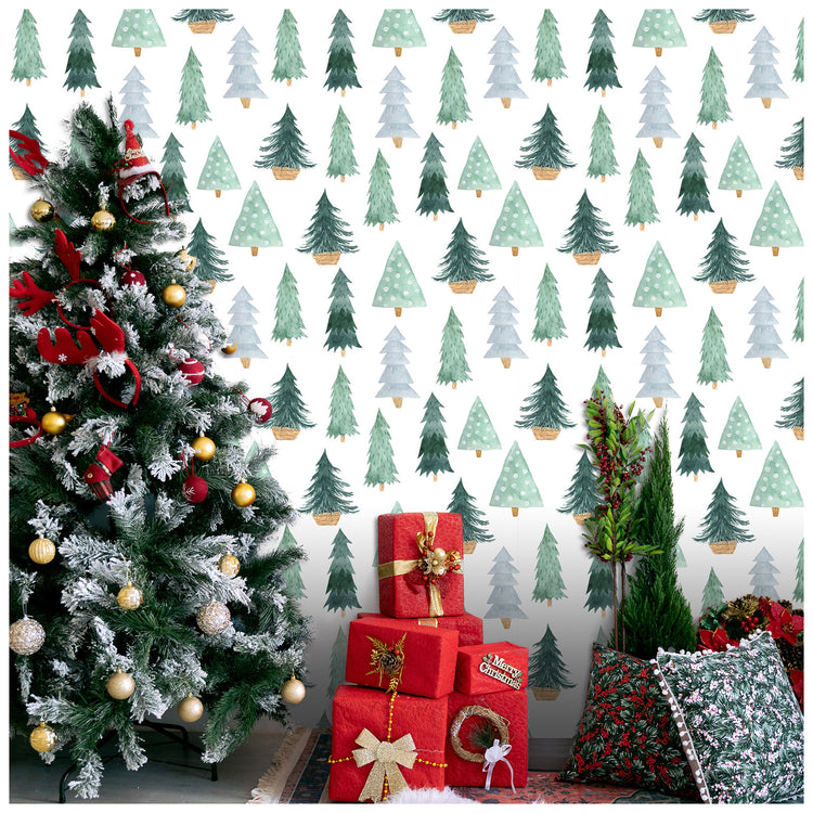 HaokHome 99030 Watercolor Christmas Tree Wallpaper Christmas Wall Decor Forest Wall Paper
