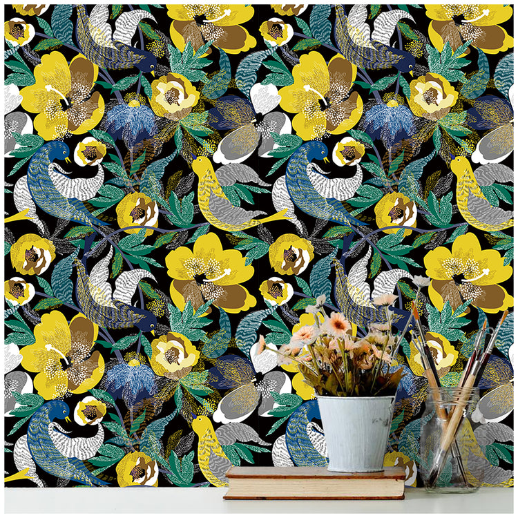Birds Floral  Peel and Stick Wallpaper Removable Bedroom Wall Decorations