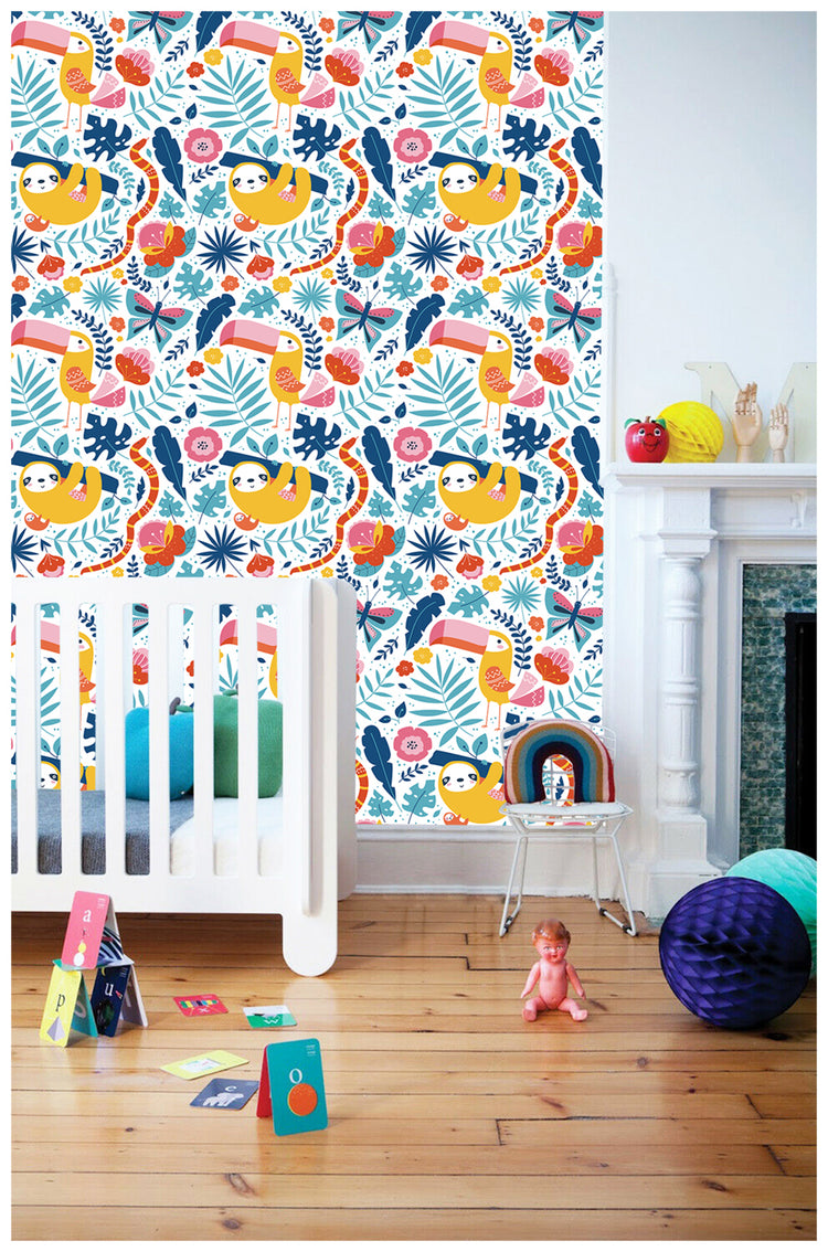 Cute Peel and Stick Wallpaper with Parrot and Sloth Patterned for Nursery Kid Rooms Deco