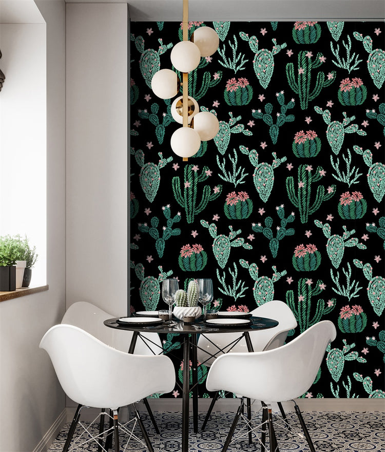 Cartoon Cactus Contact Paper Peel and Stick Black/Green/Pink Botanical Adhesive Shelf Liner Textured Wallpaper