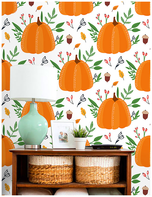HaokHome 93058 Pumpkin Wallpaper Contact Wall Paper Stickers Pull and Stick for Bedroom, Kitchen, Nursery Wall Decal Peel and Stick