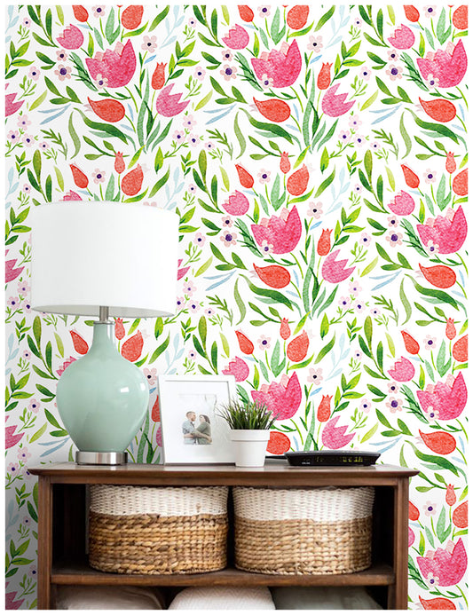 HaokHome 93064 Tulip Floral Wallpaper Peel and Stick Contact Wall Paper Flower Wallpaper